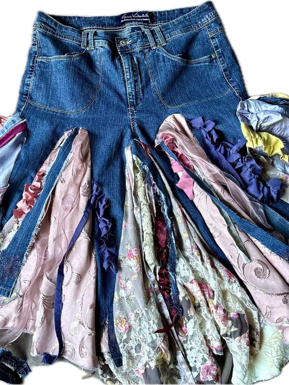 Upcycled Denim Patchwork Skirt in Blue, Pink, Purple